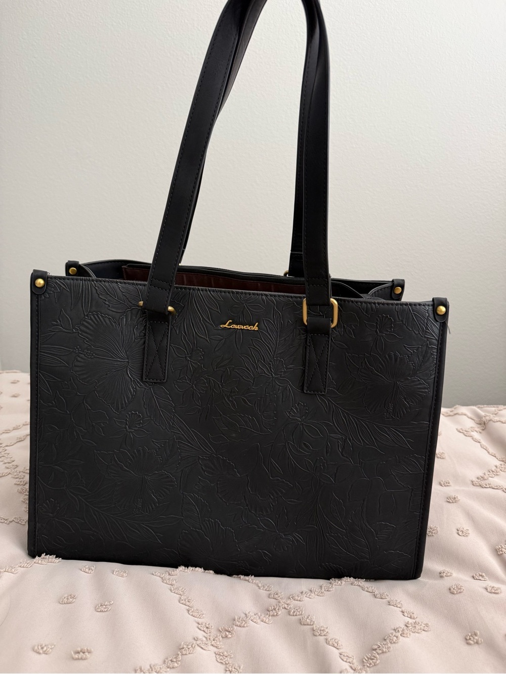 Insulated Black Floral-Embossed Tote - Picture 2 of 6